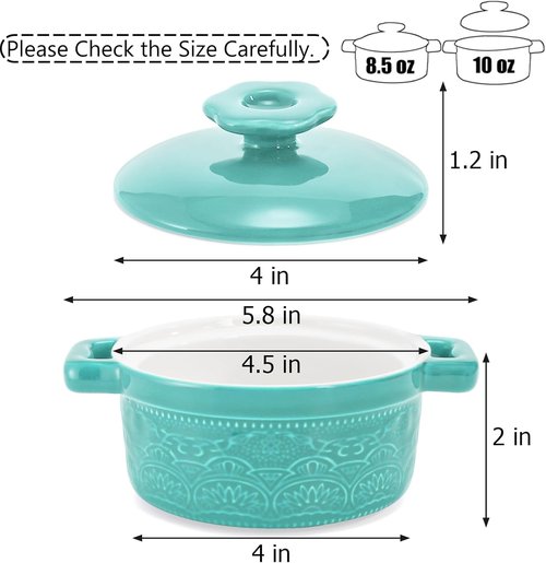 Hacaroa Mini Cocotte Set - 8 Oz Ceramic Ramekins with Handles | Oven Safe Individual Serving Dishes - 6 Colors
