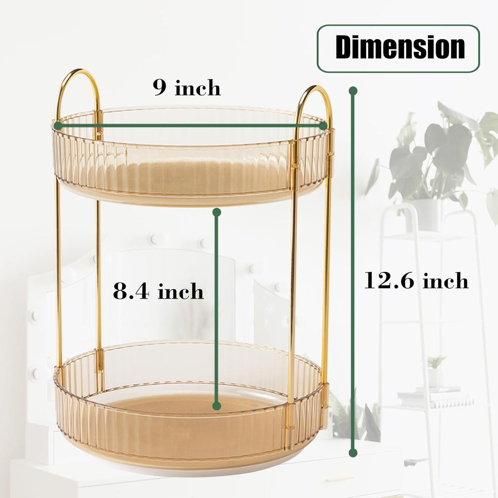 Skiennix Rotating Makeup Organizer - 2-Tier Clear Lazy Susan for Skincare & Perfume Storage | Amber Gold