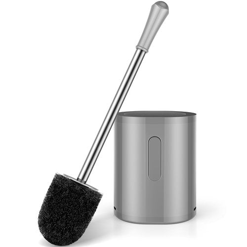 Toilet Brush and Holder Set, with Stainless Steel Handle Toilet Bowl Brush, Compact Toilet Scrubber Brush for Deep Cleaning Bathroom Restroom, Easy to Assemble-Grey