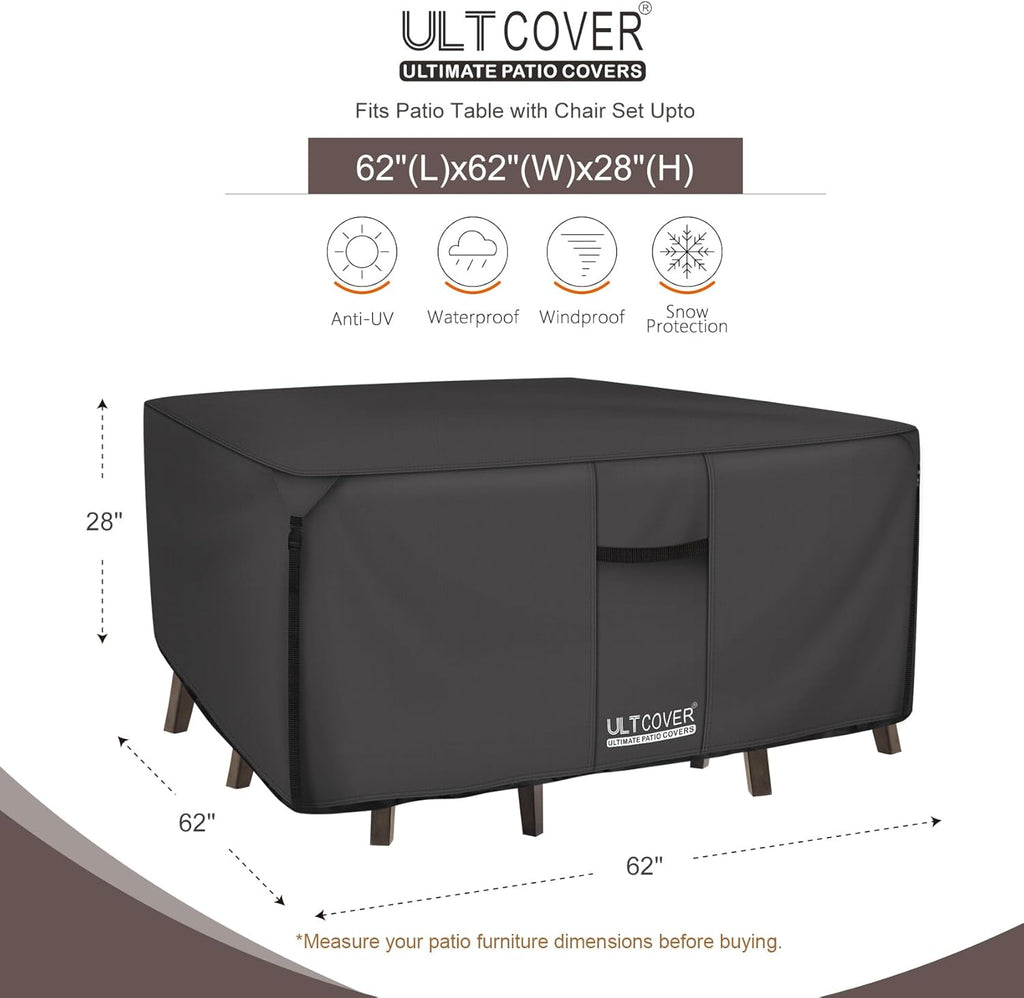 ULTCOVER Heavy Duty Square Patio Table and Chair Cover - Waterproof 62 Inch, Black Canvas