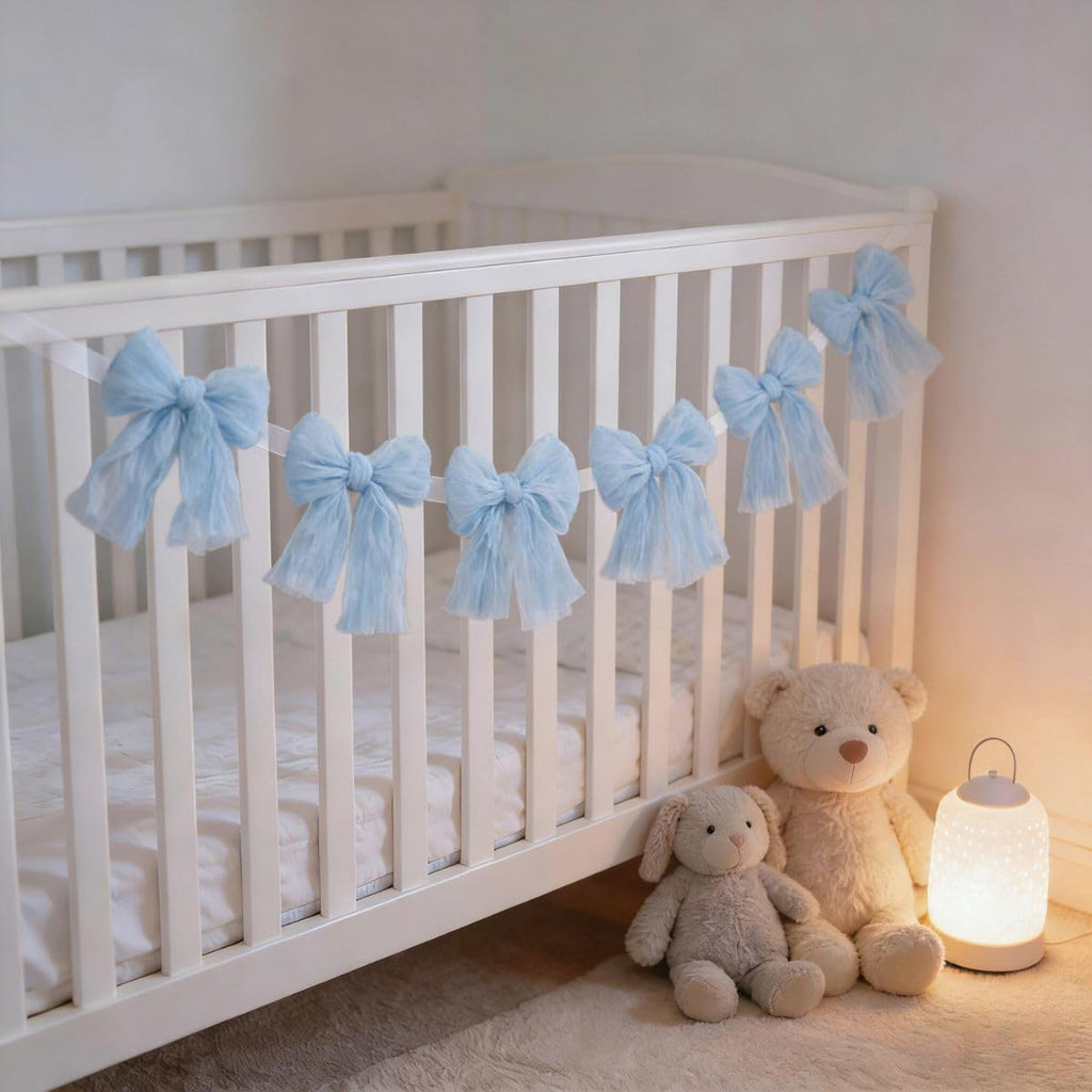 MLMC Baby Blue Bow Garland - Handmade Cheesecloth Wreath for Baby Shower & Birthday Decor