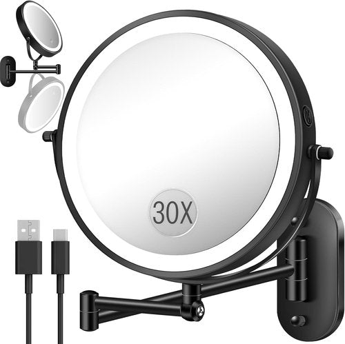 30X/1X Wall Mounted Lighted Makeup Mirror, 9'' Height Adjustable Double Sided 5000mAh Rechargeable Magnifying Bathroom Mirror with Light, 3 Color Modes Touch Dimmable Extended Arm 360 Rotation