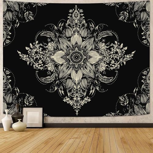 Lifeel Black and White Floral Tapestry 48" x 36" | Boho Wall Hanging