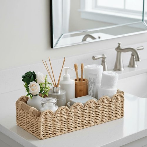 CubesLand Scalloped Edge Toilet Paper Storage Basket - Cozy Home Decor | Beige, Small Size with 2 Wooden Handles