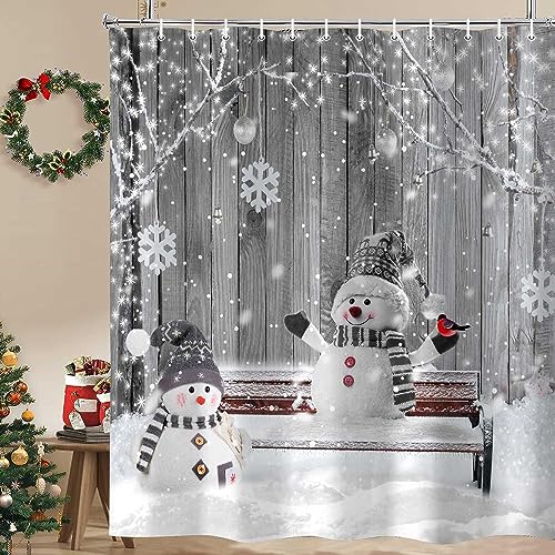 Grey Snowman Christmas Shower Curtain 72x72 Inches - Holiday Bathroom Decor