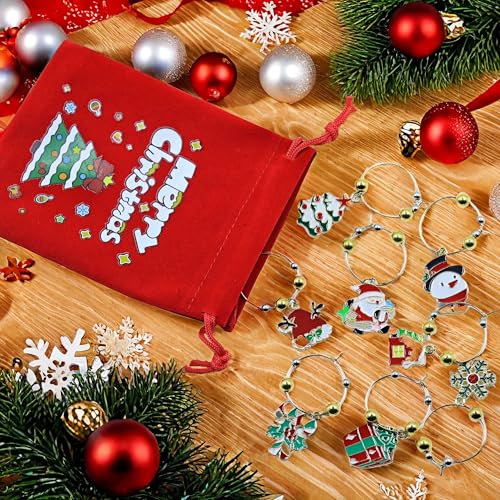 Christmas Wine Glass Charms 8 PCS - Metal Drink Markers for Stem Glasses
