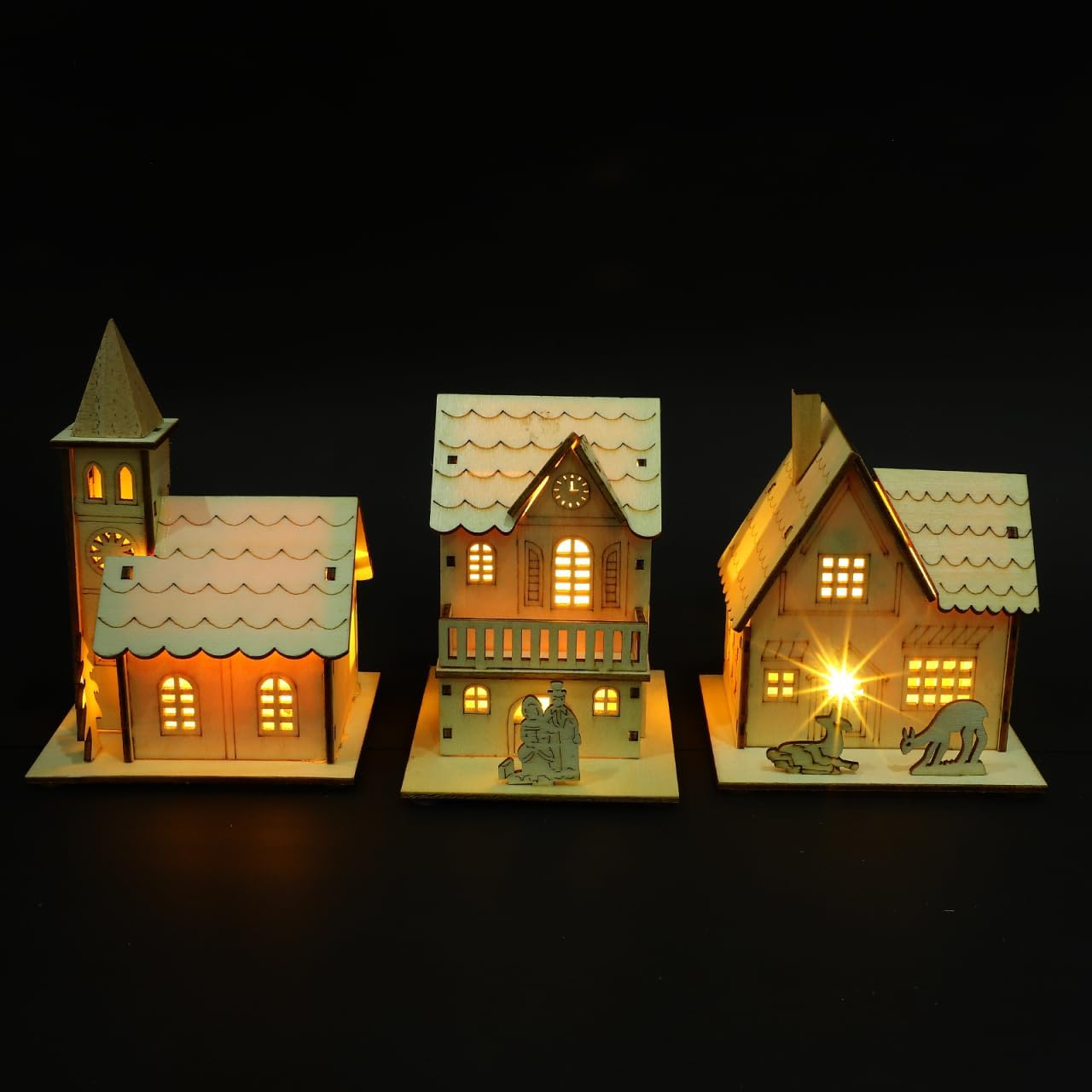 Skiennix Christmas Village Houses - LED Light Wooden Decor | Unfinished Rustic Design for Holiday Centerpieces