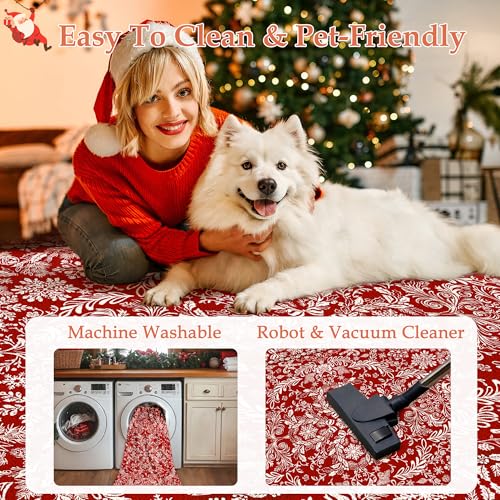 Red Christmas Area Rug 8x10 Reindeer Non Slip Washable Holiday Carpet - Reindeer | Red / 8' x 10'