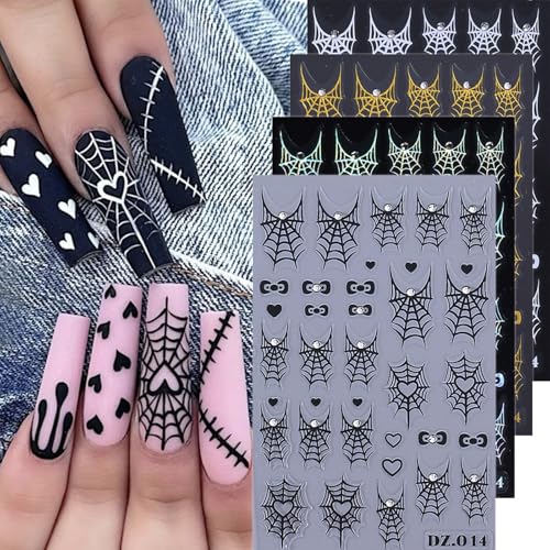 Spider Web Nail Art Stickers - 4 Sheets 3D Metallic Decals