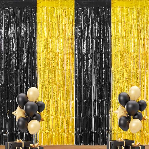 2-Pack Black and Gold Graduation Foil Fringe Curtain Backdrop - 2026