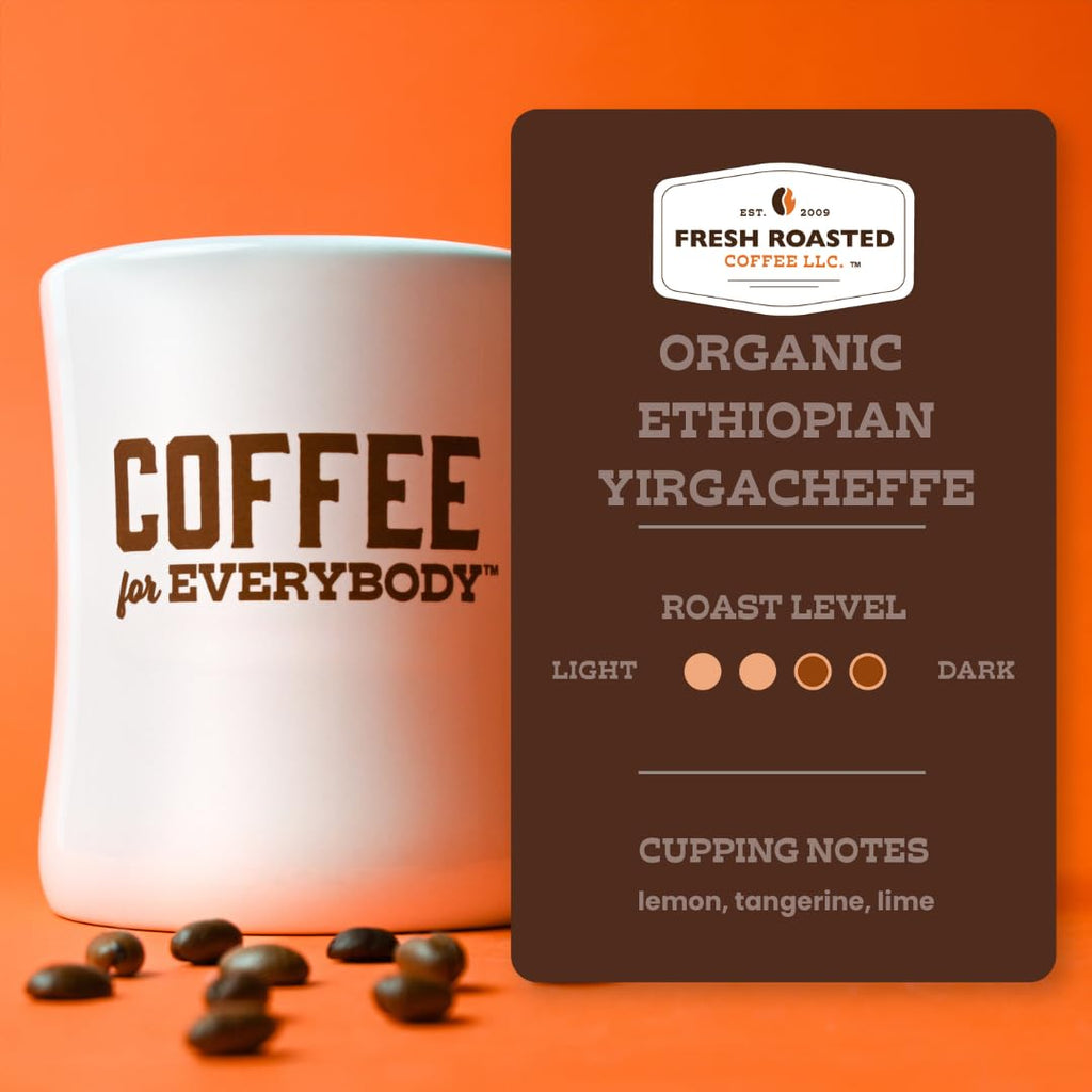 Fresh Roasted Coffee, Organic Ethiopian Yirgacheffe Whole Bean Coffee, Light Roast, USDA Organic, 3rd Party Tested for Mold, Mycotoxin & Pesticides, Kosher, 12 oz