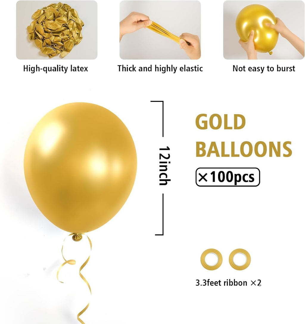 BAUANOOY Metallic Gold Balloons - 100pcs 12-Inch Chrome Balloons with Gold Ribbon for Parties