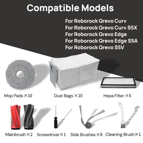 40 Pack Replacement Accessories for Roborock Qrevo Curv/Curv S5X/Edge/S5V Robot Vacuum Cleaner ,2 Pairs Mainbrush ,6 Filters ,10 Dust Bags,10 Mop Pads ,8 Side Brushes,2 Cleaning Brush,1 Screwdriver