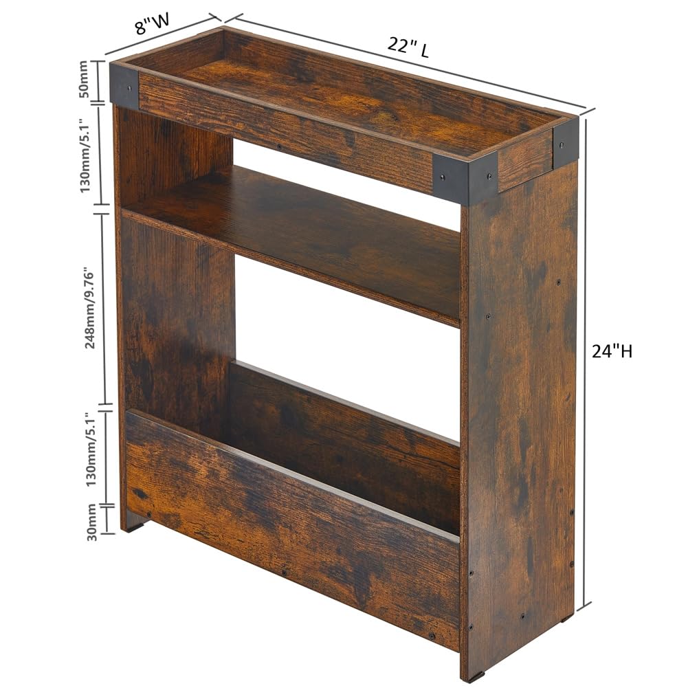 ZEXVIDA Farmhouse Narrow Side Table with Tray Top & Magazine Rack, Sofa Couch Side Table with Storage Shelf, Slim End Table for Small Spaces, Modern Nightstand for Bedroom, Living Room (Rustic Brown)