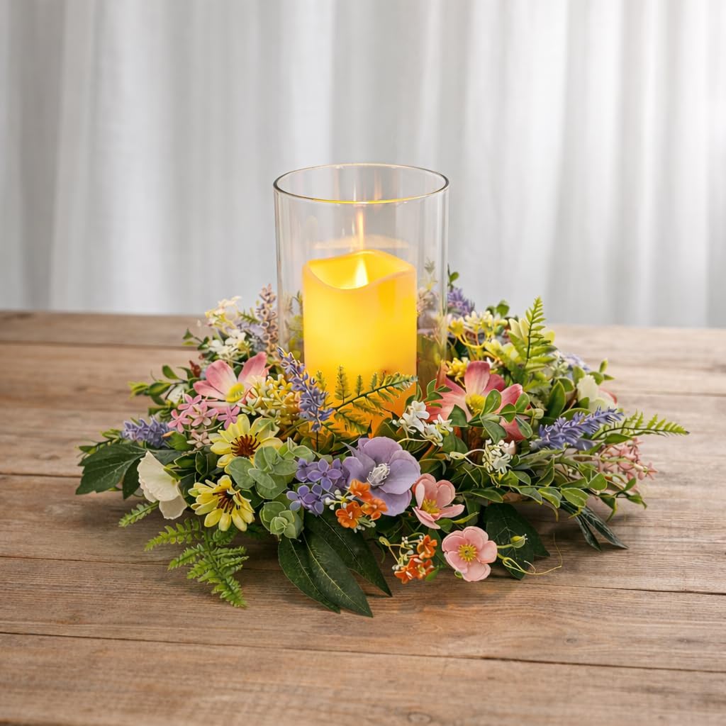 Skiennix Floral Candle Holder - Glass Hurricane with Detachable Wreath | Spring Centerpiece for Home & Weddings