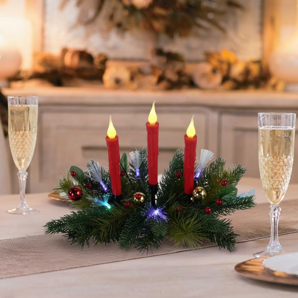 Aokudoni Christmas Table Centerpieces - Artificial Pine Branches, Berries & Candles for Indoor Decor
