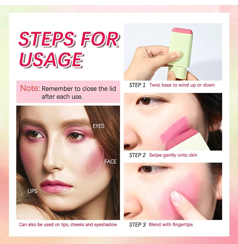 3-in-1 Cream Blush Stick - Waterproof Natural Tinted Makeup for Cheeks, Lips and Eyes #03 Coral Orange