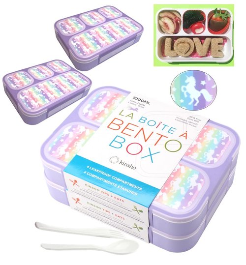 kinsho Bento-Box Lunch-Boxes for Kids, Girls, Lunch and Snack Containers for Toddler Daycare, School, Travel BPA-Free, 4 Divided Compartments Utensils (Purple Rainbow Unicorn, 2 Pack)