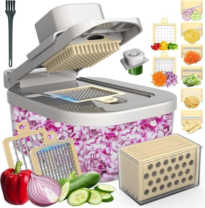 Skiennix 11-in-1 Mandoline Vegetable Chopper - Multifunctional Food Dicer with Container for Salad & Fruit (Beige)