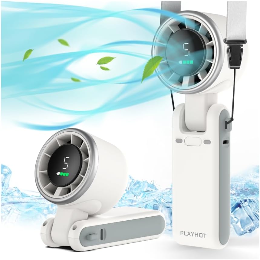 PlayHot Portable Handheld Turbo Fan - 5-Speed Wind, Battery Operated, 12-Hour Runtime | 3-in-1 Cooling Fan (White)