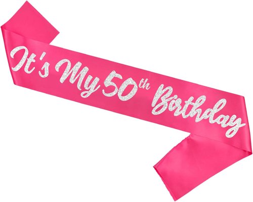 Hot Pink It's My 50th Birthday Sash - Fun Glitter Letter Design | Perfect 50th Birthday Gift for Her