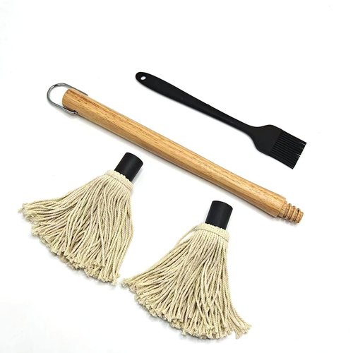 15.5in Basting Mop Brush for BBQ Grilling - Wooden Handle Detachable with 2 Replacement Heads &Silicone Brush - Grill Tools for Outdoor Cooking, Camping, Smoking