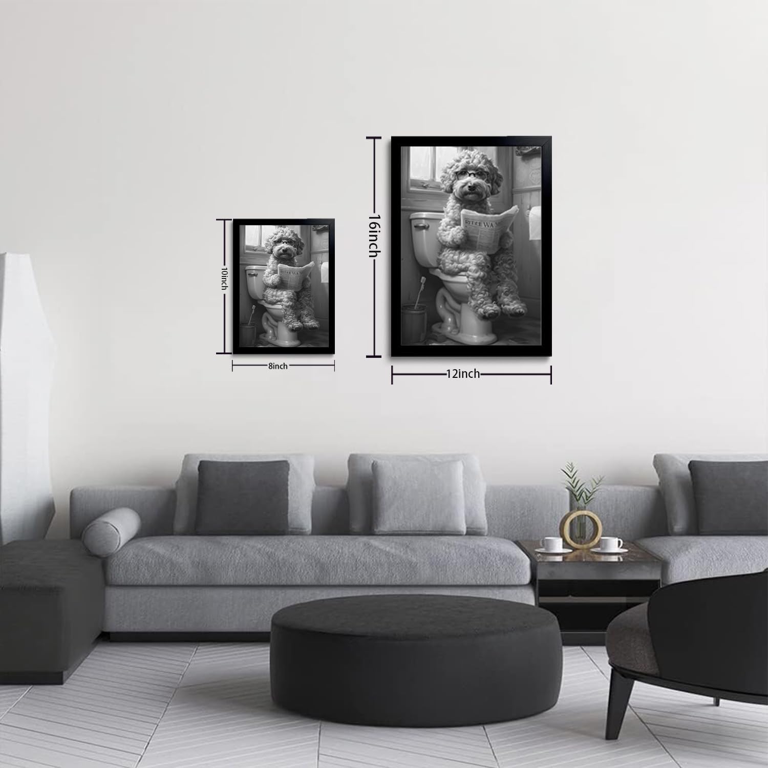 OIQArt Funny Bathroom Wall Art - Black & White Teddy Dog Canvas Print | Modern Minimalist Decor
