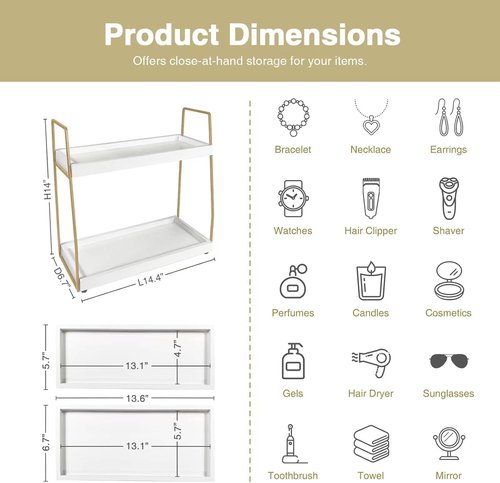 Forbena Bathroom Organizer - Elegant 2-Tier Countertop Storage for Makeup & Skincare | White & Gold