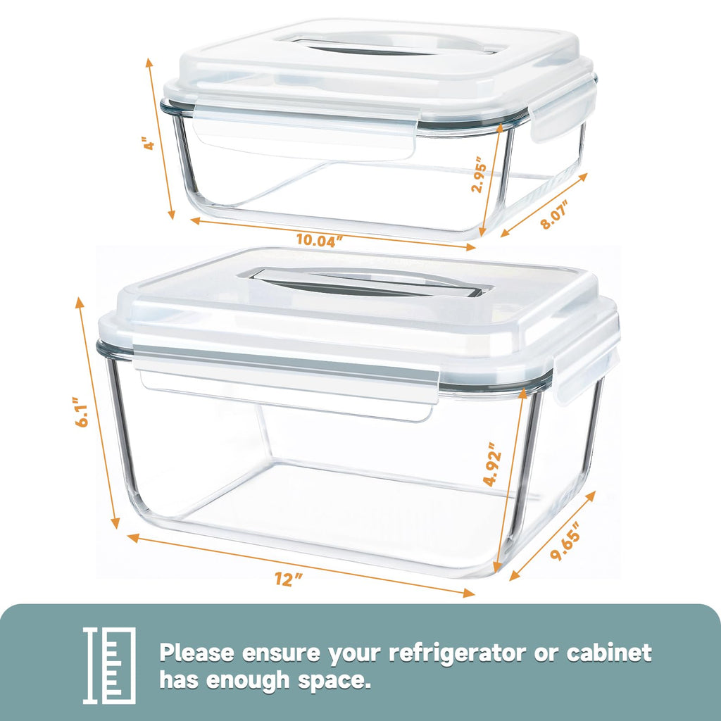 KOMUEE 2 Pack 220oz+76.4oz Extra Large Glass Food Storage Containers Set with Airtight Lids, Big Glass Meal Prep Containers, Ideal for Storing Rotisserie Chicken, Lasagna,Salads, Leak-proof & BPA-Free