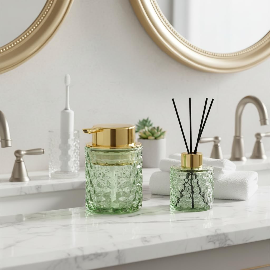 Fvstar 10 Oz Glass Hand Soap Dispenser with Pump, Refillable Bathroom Gold Foaming Soap Dispenser, Vintage Glass Diamond Lotion Container Bottle for Bathroom and Kitchen (1, Green and Gold)