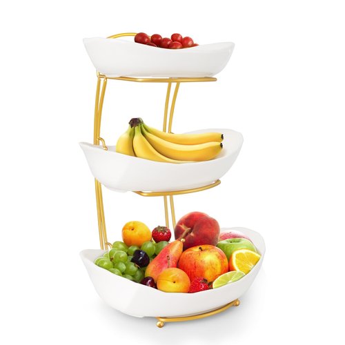 KXSGKRR 3 Tier Fruit Bowls for Kitchen Counter, White Ceramic Serving Bowls with Gold Metal Stand, Tiered Fruit Basket Display Rack for Fruits Vegetable Snack Nuts Cake Dessert Storage