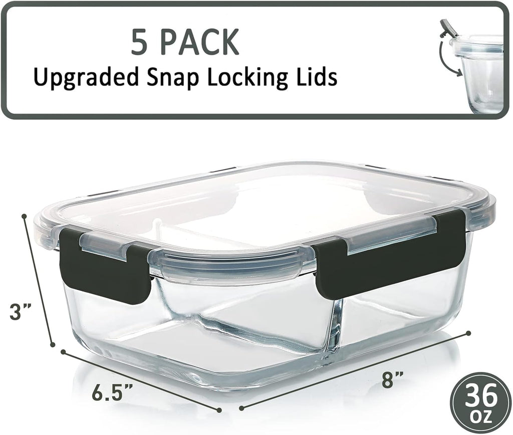 MCIRCO Glass Meal Prep Containers - 5-Pack 36 Oz with 2 Compartments & Snap Locking Lids | Microwave, Oven, Freezer Safe