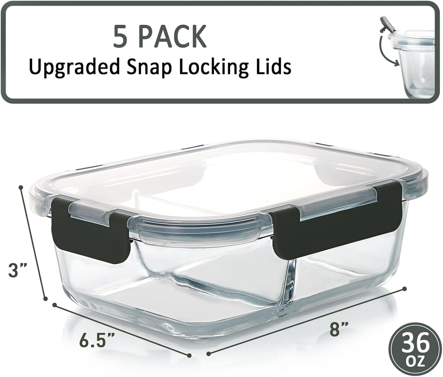 MCIRCO Glass Meal Prep Containers - 5-Pack 36 Oz with 2 Compartments & Snap Locking Lids | Microwave, Oven, Freezer Safe
