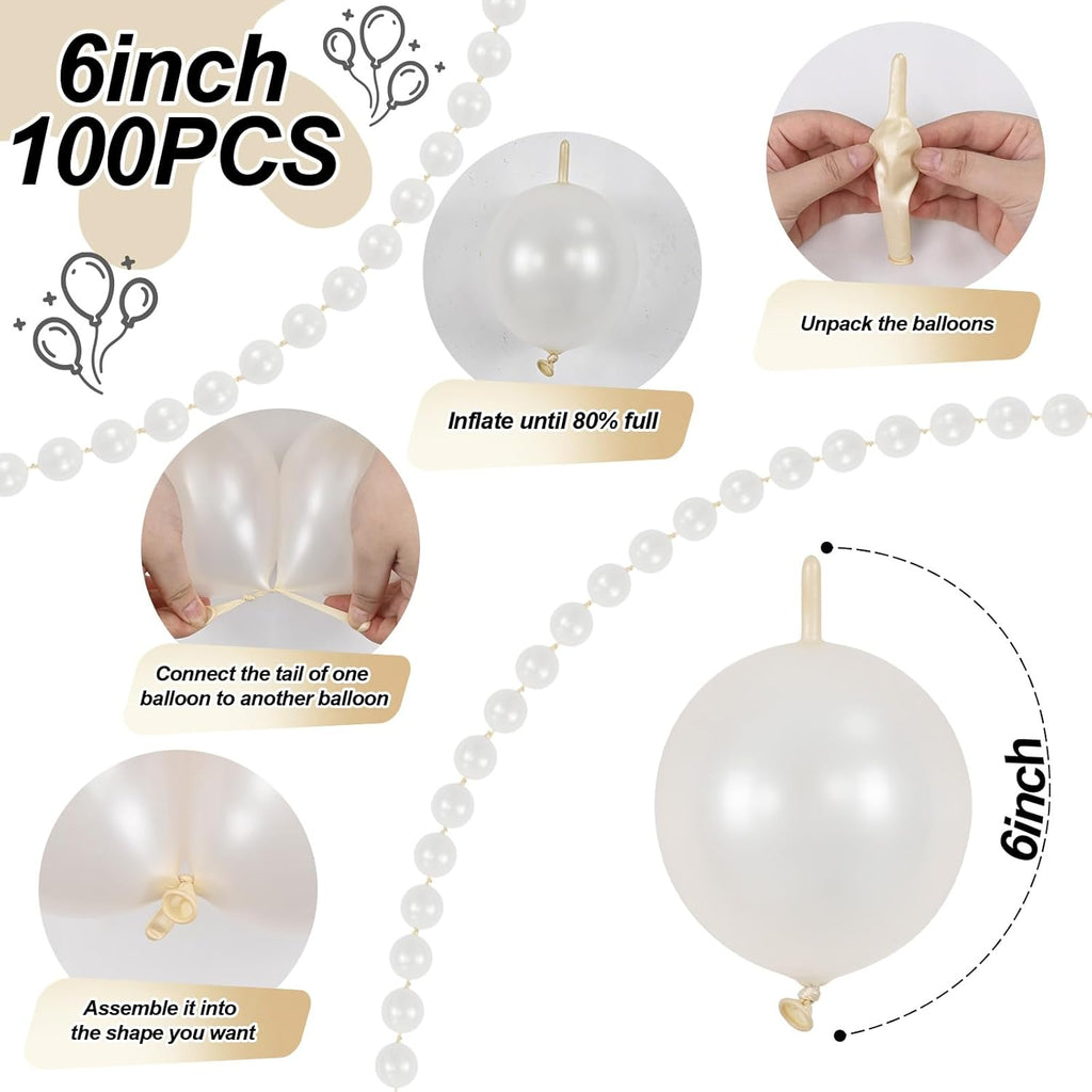 Pearl White Linking Balloons - 100PCS 6 Inch Quick Link Balloons for Wedding & Party Decorations