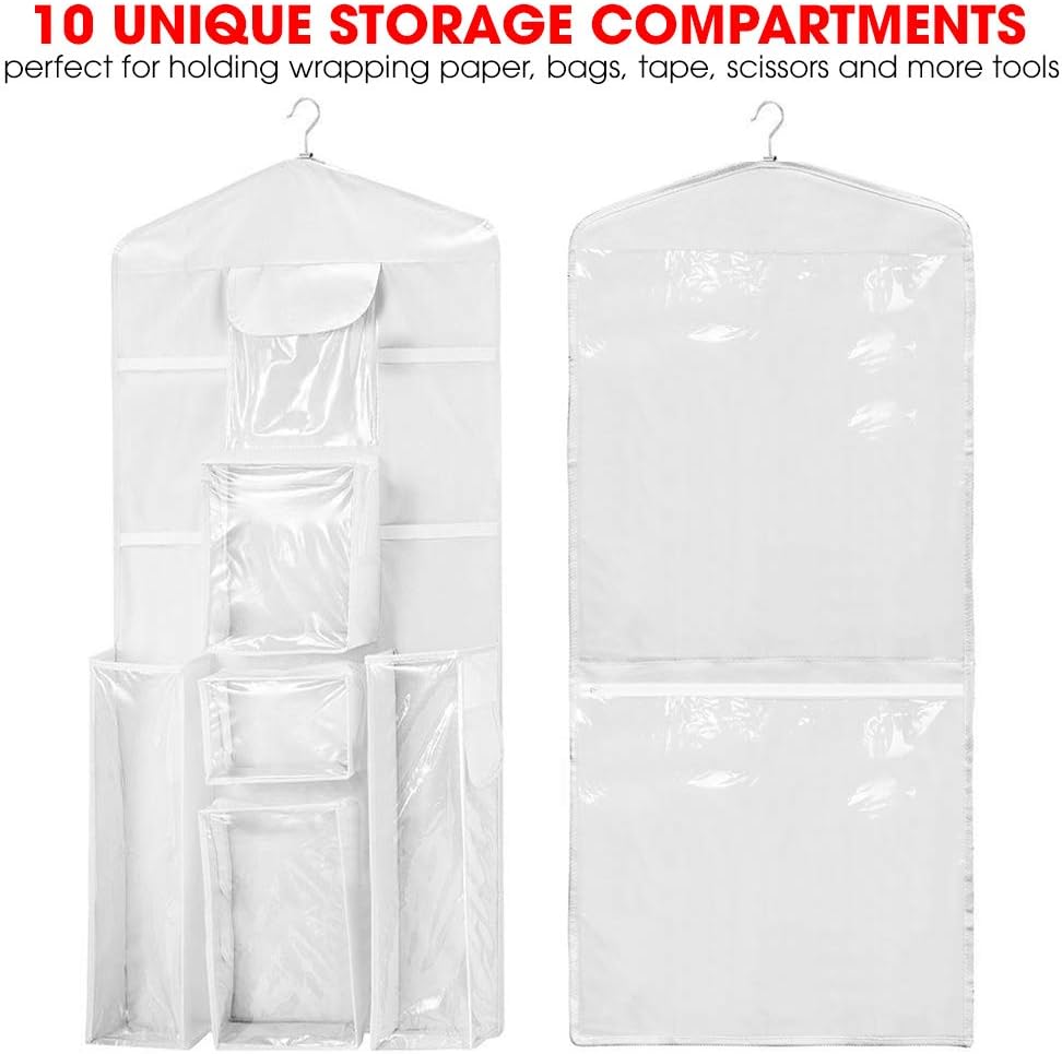 Primode Wrapping Paper Storage - Over The Door Gift Wrap Organizer with Double-Sided Pockets | 40”x17” (White)