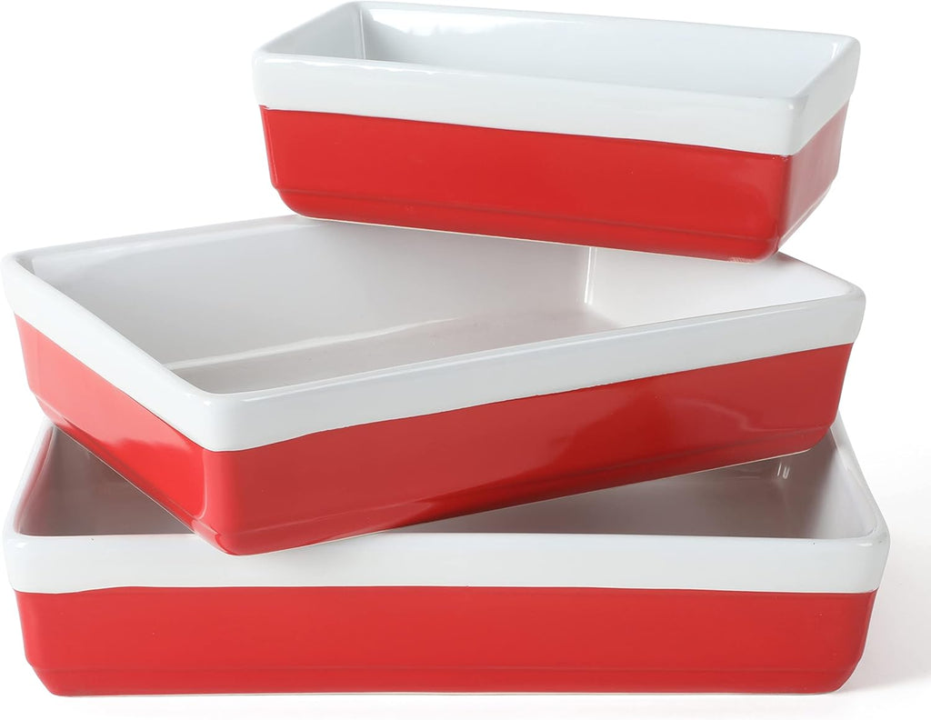 Martha Stewart 3-Piece Stoneware Bakeware Set - Durable Oven-Safe Baking Dish & Casserole - Red