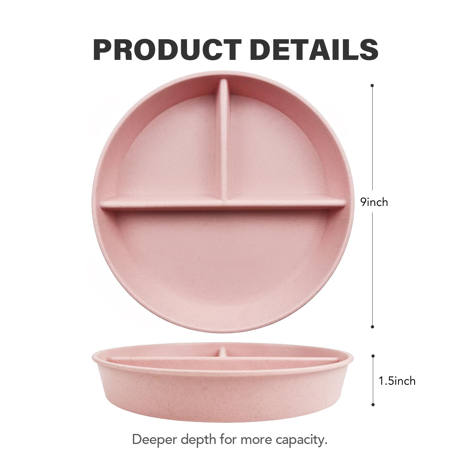 greenandlife 9 Inch 4PCS Divided Plates with Lids, Portion Control Plates for Kids Adults, Dishwasher Microwave Safe Compartment Plate, Unbreakable Lightweight Reusable Wheat Straw Plate Set, INS