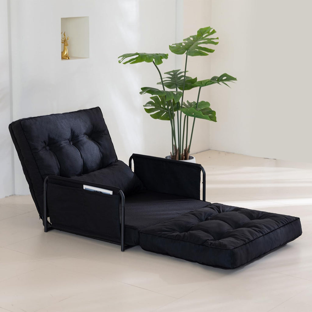 YOSHOOT Adjustable Lazy Floor Sofa, Folding Couch Bed with 5 Positions Adjustable Backrest, Convertible Bean Bag Sofa Bed Couch Foldable Sleeper Chair with Pillow for Reading Gaming（Black, Single）