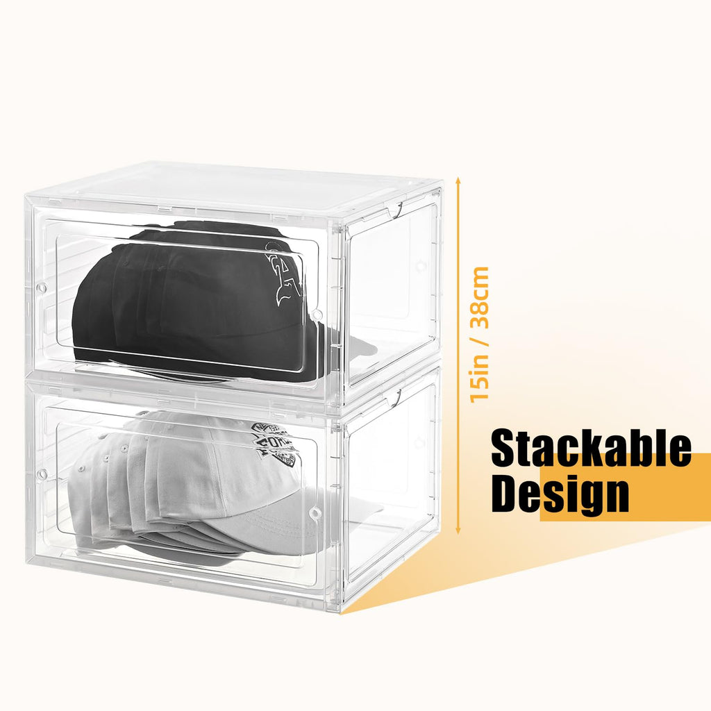 beehomay Hat Organizer Box,Stackable Clear Baseball Caps Holder Box Containers with Magnetic Door for Hats Snapback Cap Storage,Clear Hat Storage with Magnetic Door, Holds 20 Hats(clear, 2 pack)