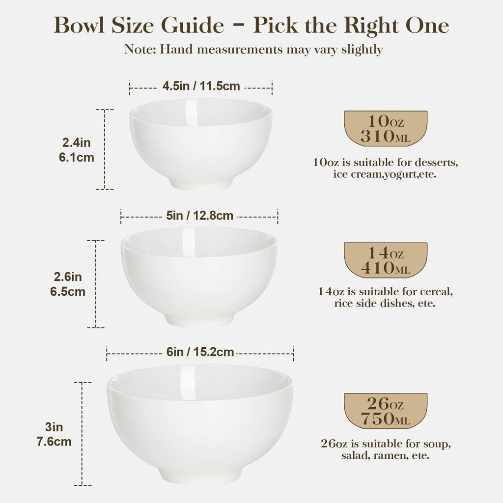 MALACASA 26 oz Porcelain Soup Bowls, White Ceramic Cereal Bowls for Kitchen 6 inch Bowls Set of 6 for Oatmeal Salad Fruit Rice Dishwasher and Microwave Safe, Series Regular
