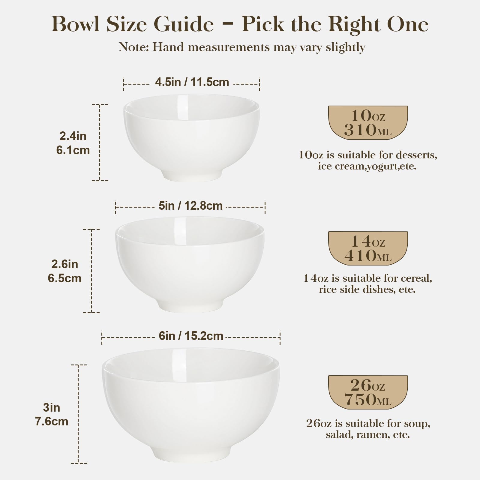 MALACASA 26 oz Porcelain Soup Bowls, White Ceramic Cereal Bowls for Kitchen 6 inch Bowls Set of 6 for Oatmeal Salad Fruit Rice Dishwasher and Microwave Safe, Series Regular