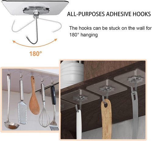 Adove Heavy Duty Adhesive Hooks - 20 Pack Transparent Self-Adhesive Wall & Ceiling Hooks | 22lb Max Capacity