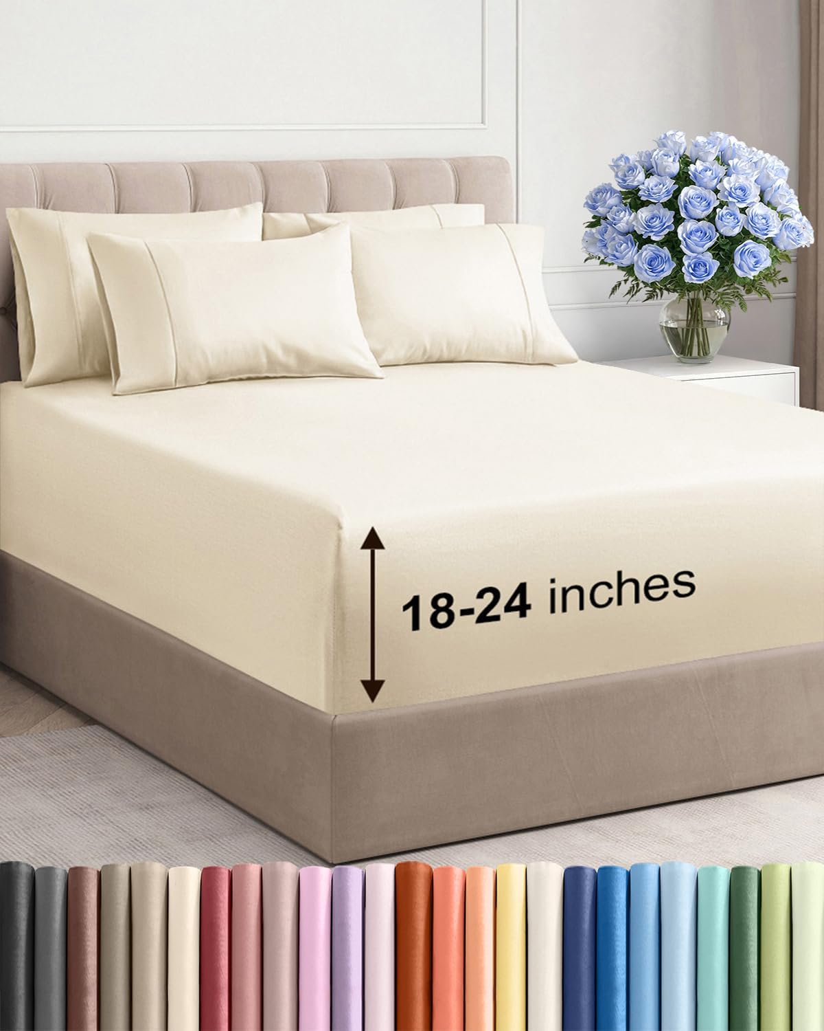 Skiennix Extra Deep Cal King Sheet Set - 6 Piece Breathable Cooling Bedding - Soft, Wrinkle-Free Off White
