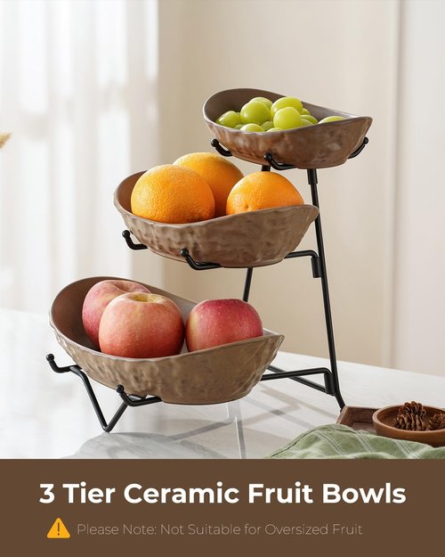 KOKUNKA 3 Tier Fruit Bowl for Kitchen Counter, Ceramic Fruit Basket with Metal Stand Tiered Fruit Display Set for Fruit, Vegetable, Cake, Dessert, Nuts, Snack, Brown