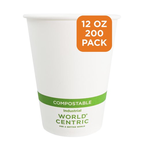 World Centric Compostable Cups 12 oz - Paper Hot Cups Made from Plants - 200 Pack