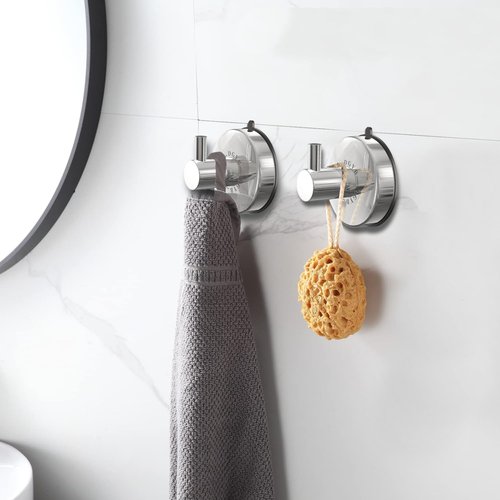 DGYB Suction Cup Hooks - 15LB Shower Hooks for Inside Shower, Stainless Steel No Drill Wall Hook Set of 2 Chrome Towel Hook for Bathrooms, Loofah, Robe