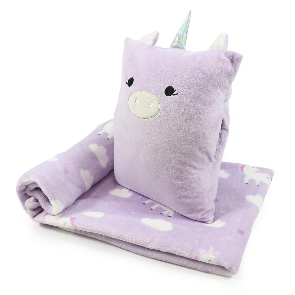VigorSpring 3-in-1 Kids Travel Pillow and Blanket Set, Snuggle Pillow with Hand Warmer, 40x60 inches Unicorn Blanket for Girls Compact, Perfect for Travel, Camping, Home and Office