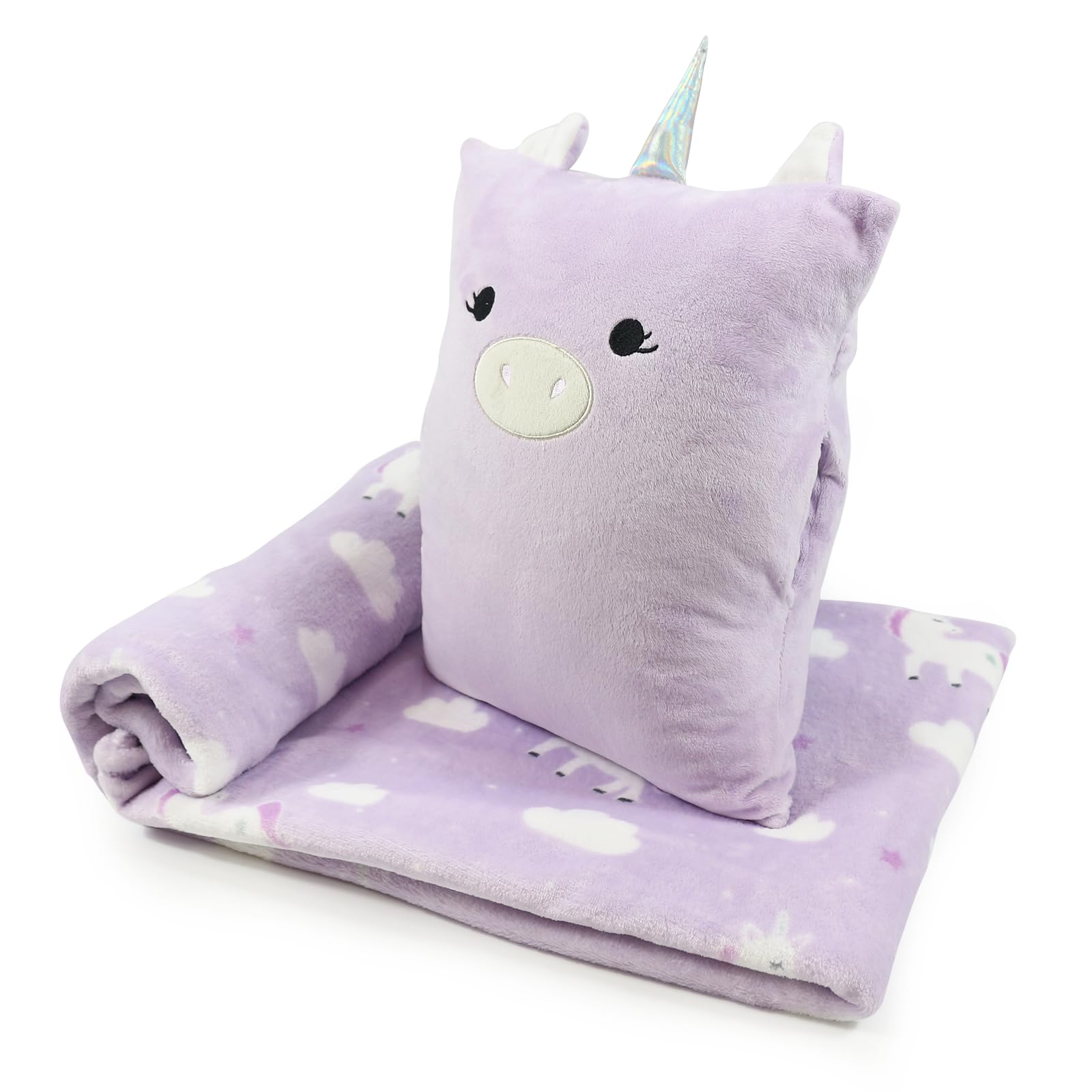 VigorSpring 3-in-1 Kids Travel Pillow and Blanket Set, Snuggle Pillow with Hand Warmer, 40x60 inches Unicorn Blanket for Girls Compact, Perfect for Travel, Camping, Home and Office
