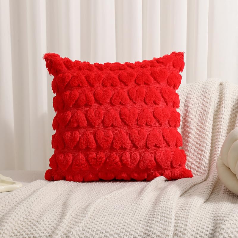 Red 3D Heart Valentine's Day Pillow Covers 18x18, Set of 2 Plush Cases