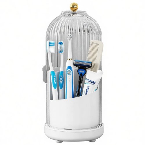 JEESA Toothbrush Holder Organizer, with Drainage Holes, with Dustproof Cover, 360 Rotating, 3 Slots, for Bathroom Countertop, White